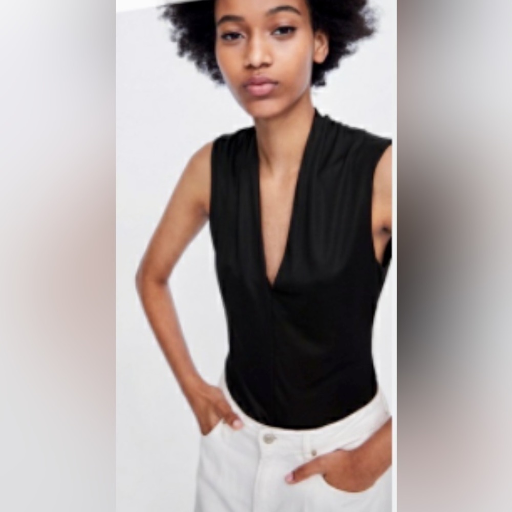 Zara Black Plunging V-Neck Sleeveless Draped Bodysuit Size S
